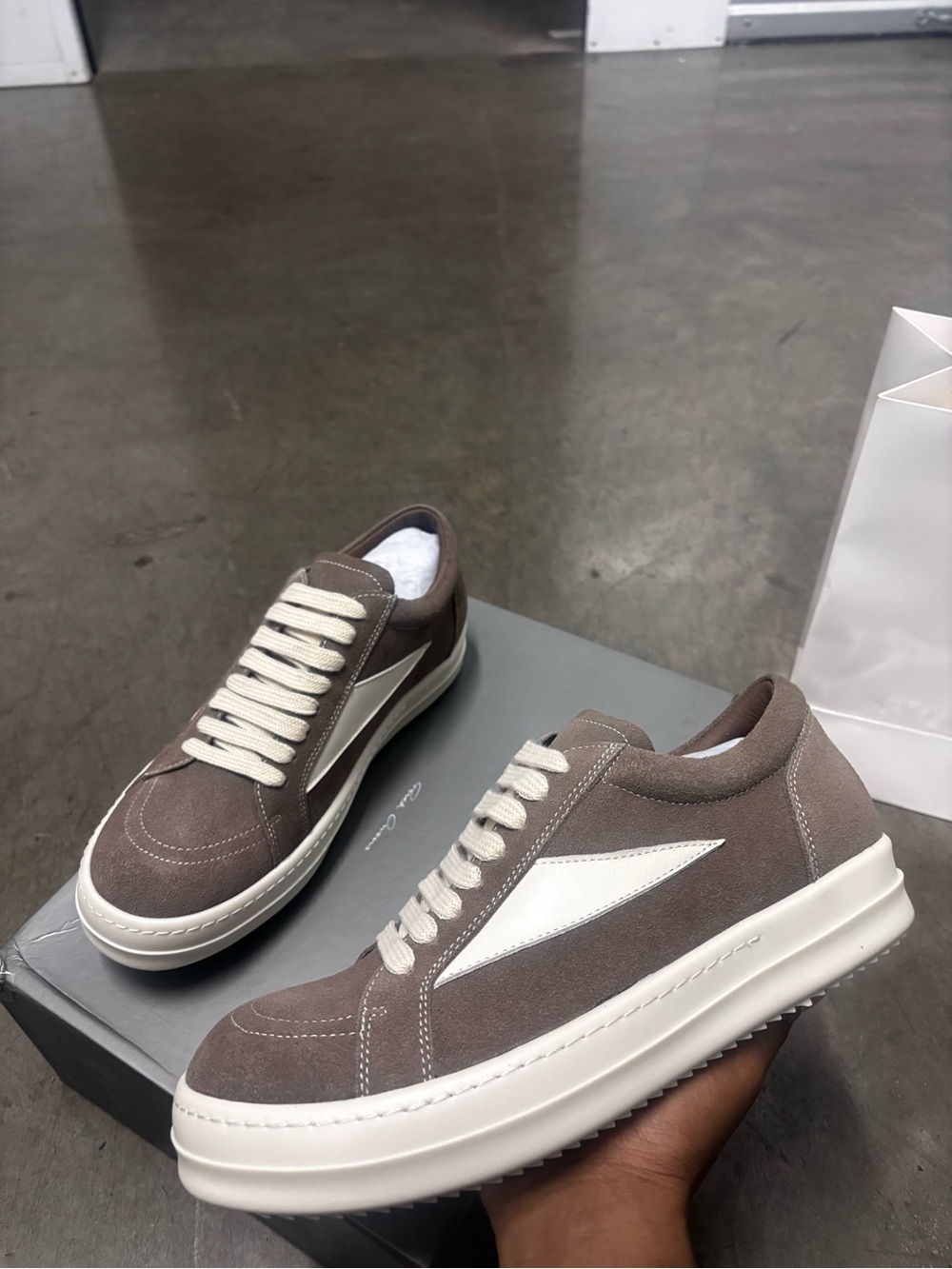 Rick Owens Taupe Suede Sneakers with White Accent